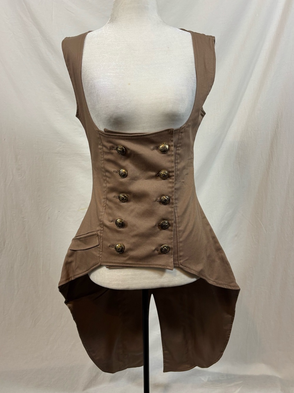 Vexy Heart Brown Steampunk Military Tailcoat Vest Gold Buttons Corset S/M